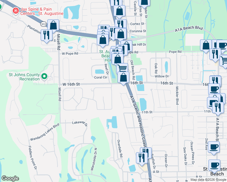 map of restaurants, bars, coffee shops, grocery stores, and more near 2212 Commodores Club Boulevard in St. Augustine
