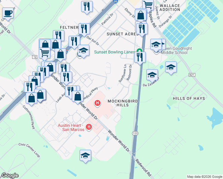 map of restaurants, bars, coffee shops, grocery stores, and more near 1881 Medical Parkway in San Marcos