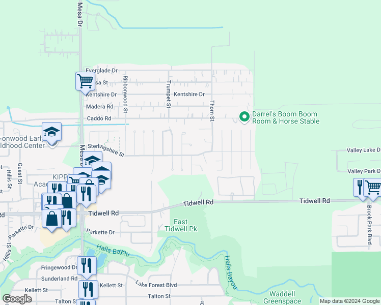 map of restaurants, bars, coffee shops, grocery stores, and more near 9219 Sterlingshire Street in Houston