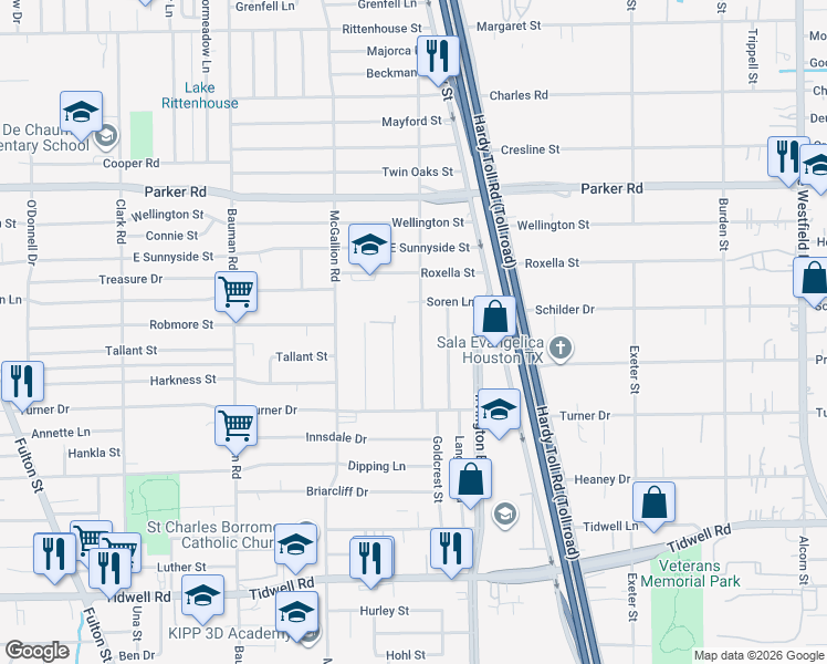 map of restaurants, bars, coffee shops, grocery stores, and more near 10230 Malcolm Drive in Houston