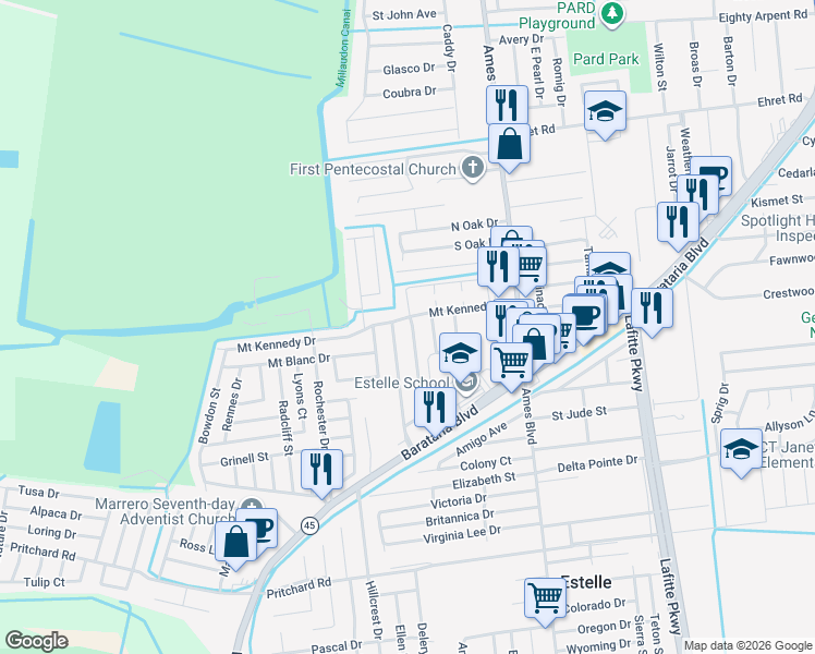 map of restaurants, bars, coffee shops, grocery stores, and more near 5177 Mount Rushmore Drive in Marrero