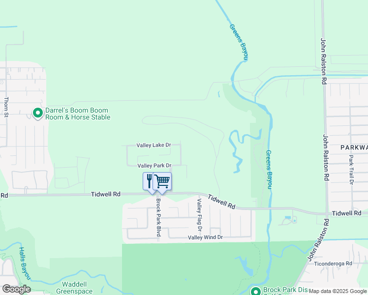 map of restaurants, bars, coffee shops, grocery stores, and more near 10034 Valley Lake Drive in Houston