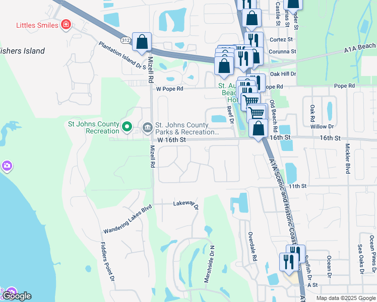 map of restaurants, bars, coffee shops, grocery stores, and more near 913 Windward Way in St. Augustine