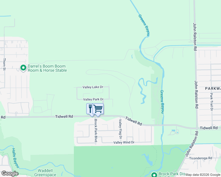 map of restaurants, bars, coffee shops, grocery stores, and more near 10034 Valley Lake Drive in Houston
