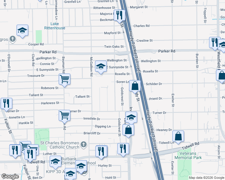 map of restaurants, bars, coffee shops, grocery stores, and more near 10230 Malcolm Drive in Houston