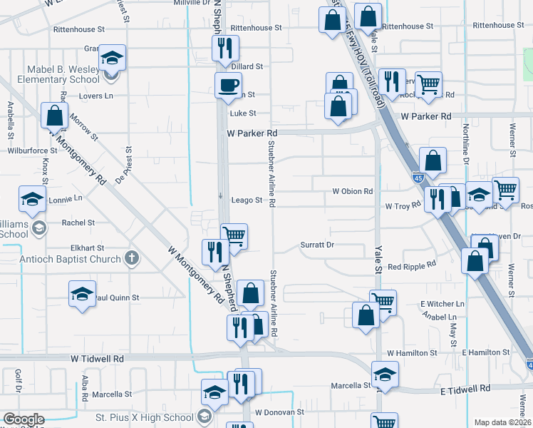 map of restaurants, bars, coffee shops, grocery stores, and more near 6127 Stuebner Airline Road in Houston