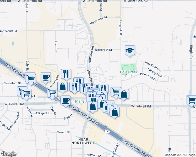 map of restaurants, bars, coffee shops, grocery stores, and more near 5914 Hollister Cole in Houston