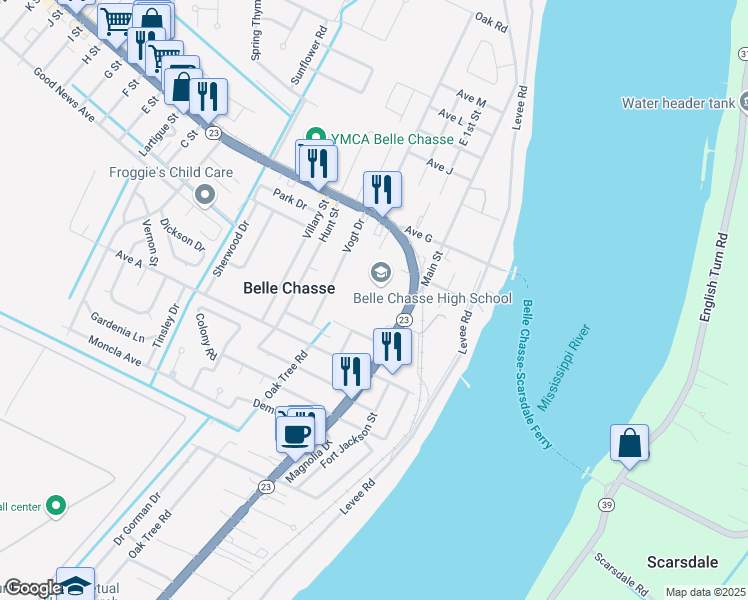 map of restaurants, bars, coffee shops, grocery stores, and more near 8346 Highway 23 in Belle Chasse