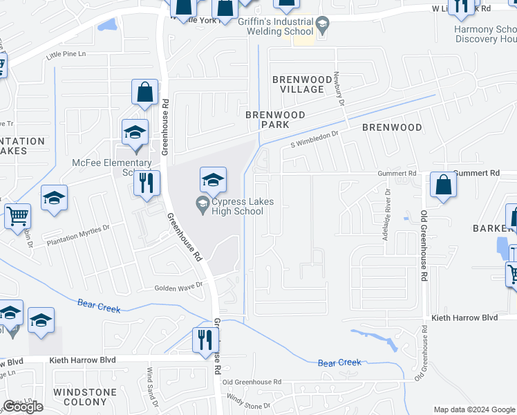 map of restaurants, bars, coffee shops, grocery stores, and more near 5754 Long Arbor Lane in Katy