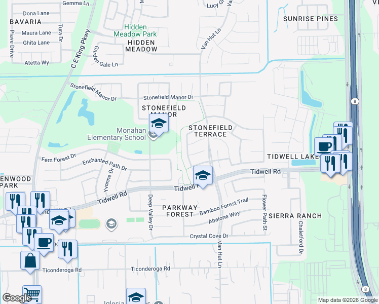 map of restaurants, bars, coffee shops, grocery stores, and more near 12911 Hammermill Lane in Houston