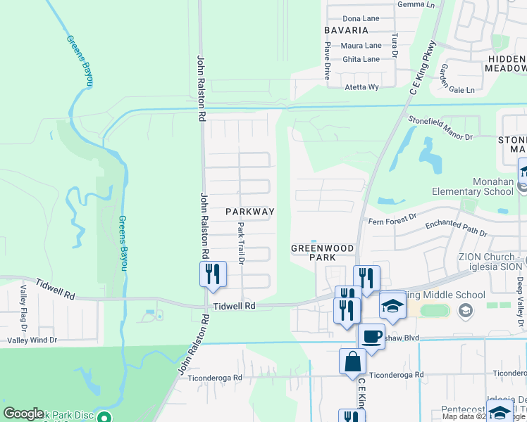 map of restaurants, bars, coffee shops, grocery stores, and more near 12030 Ginger Lei Lane in Houston