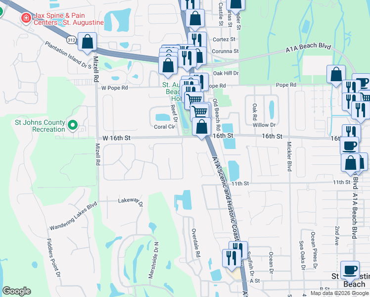 map of restaurants, bars, coffee shops, grocery stores, and more near 2212 Commodores Club Boulevard in St. Augustine