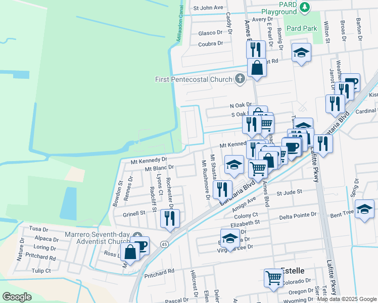 map of restaurants, bars, coffee shops, grocery stores, and more near 3380 Normandy Court in Marrero