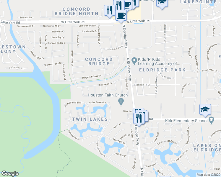 map of restaurants, bars, coffee shops, grocery stores, and more near 13322 Misty Mill Drive in Houston