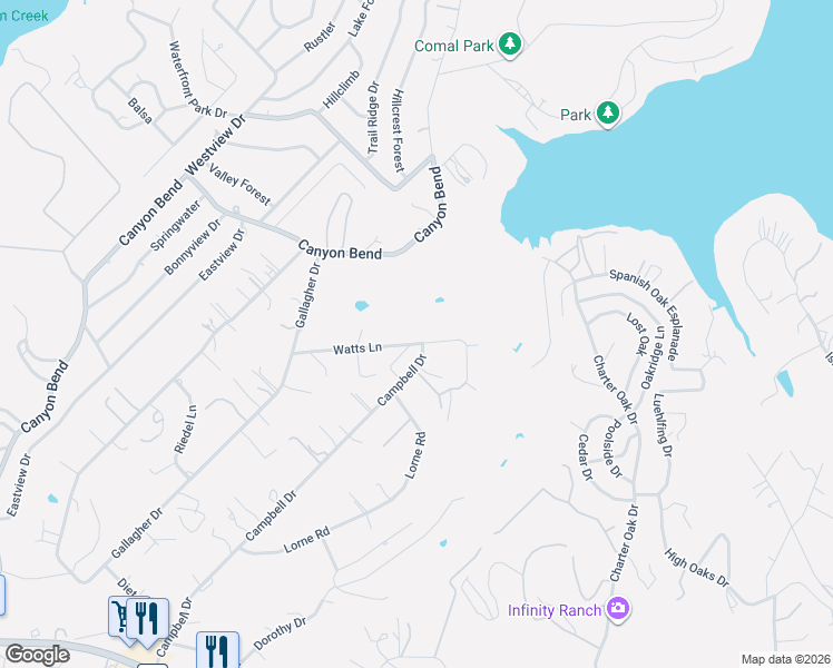 map of restaurants, bars, coffee shops, grocery stores, and more near 309 Watts Lane in Canyon Lake