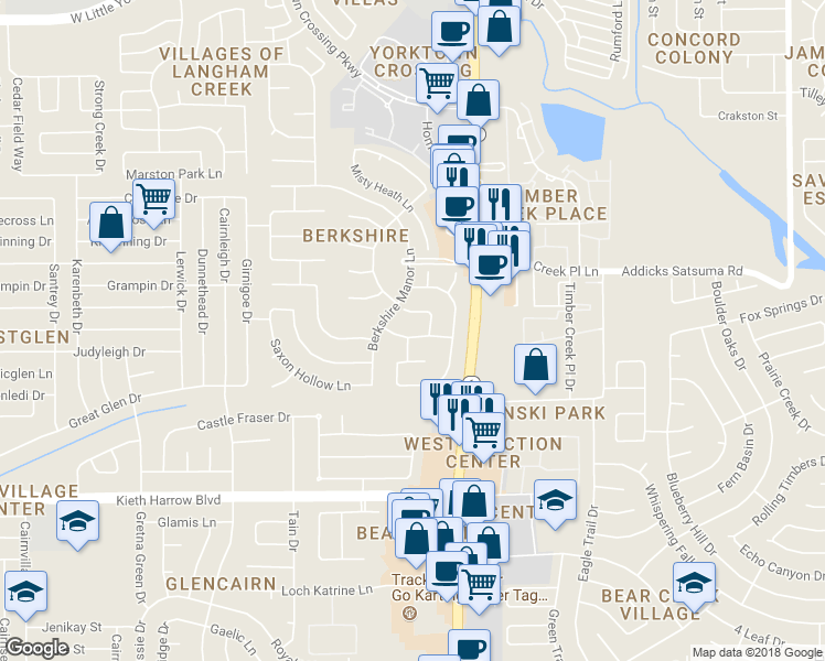 map of restaurants, bars, coffee shops, grocery stores, and more near 15726 Sandisfield Lane in Houston