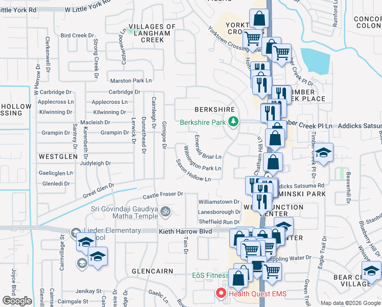 map of restaurants, bars, coffee shops, grocery stores, and more near 16202 Wilmington Park Lane in Houston