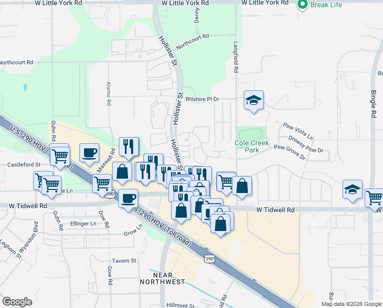 map of restaurants, bars, coffee shops, grocery stores, and more near 5914 Hollister Cole in Houston