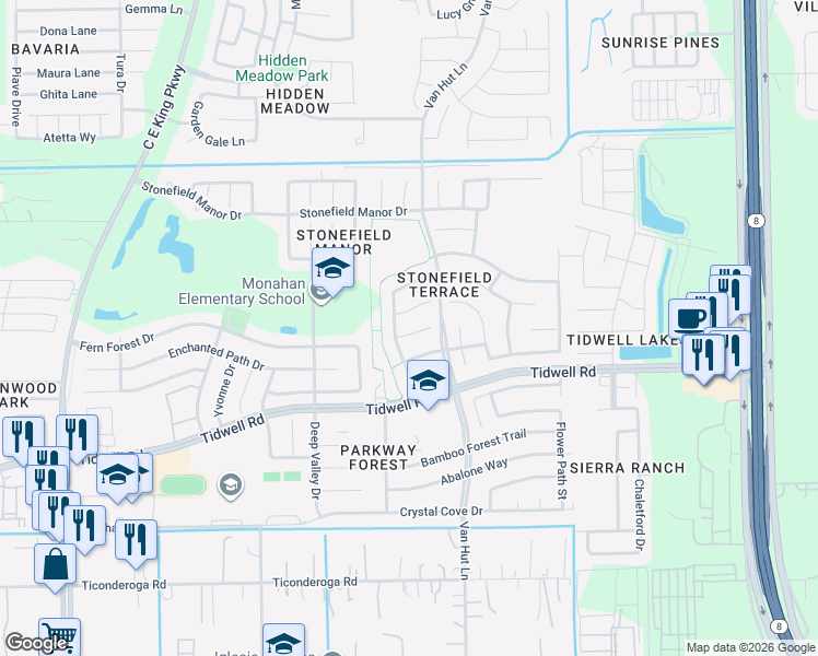 map of restaurants, bars, coffee shops, grocery stores, and more near 12911 Hammermill Lane in Houston
