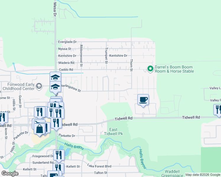 map of restaurants, bars, coffee shops, grocery stores, and more near 9802 Trumpet Street in Houston