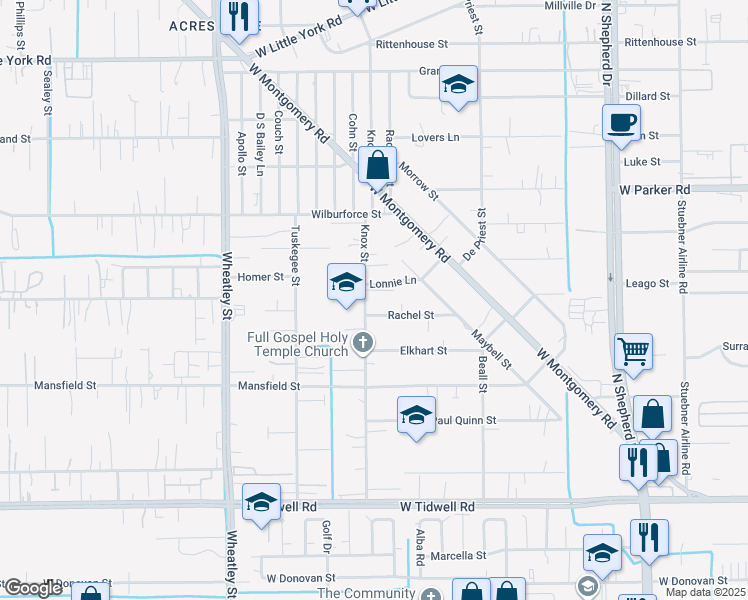 map of restaurants, bars, coffee shops, grocery stores, and more near 6202 Knox Street in Houston