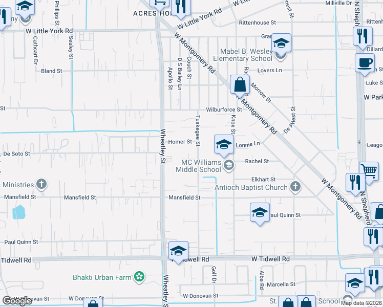 map of restaurants, bars, coffee shops, grocery stores, and more near 1016 Adolph Drive in Houston