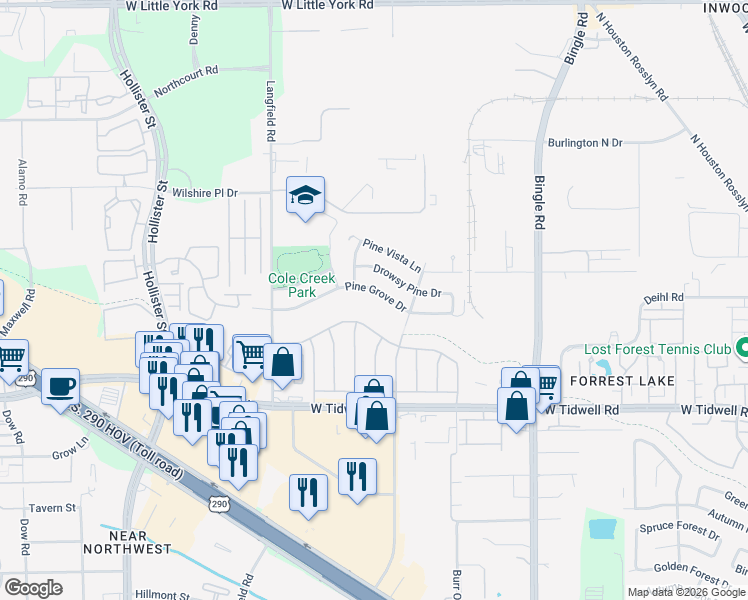 map of restaurants, bars, coffee shops, grocery stores, and more near 7035 Pine Grove Drive in Houston