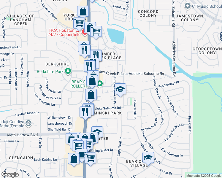map of restaurants, bars, coffee shops, grocery stores, and more near 5315 Timber Creek Place Drive in Houston