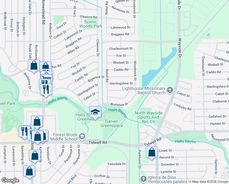 map of restaurants, bars, coffee shops, grocery stores, and more near 7618 Cabot Street in Houston
