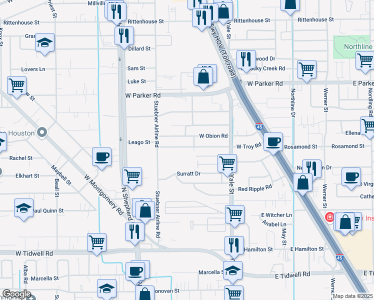 map of restaurants, bars, coffee shops, grocery stores, and more near 523 West Troy Road in Houston