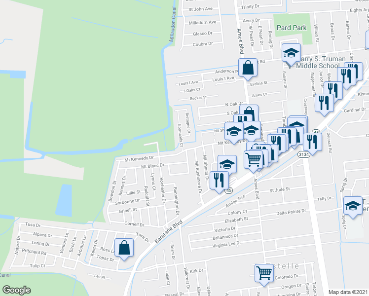 map of restaurants, bars, coffee shops, grocery stores, and more near 2934 Mount Kennedy Drive in Marrero