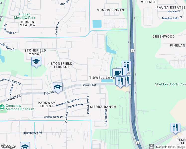map of restaurants, bars, coffee shops, grocery stores, and more near 8922 Highland Lodge Lane in Houston