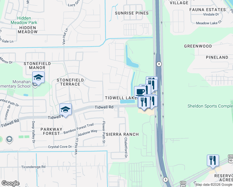 map of restaurants, bars, coffee shops, grocery stores, and more near 13231 Chanel Drive in Houston