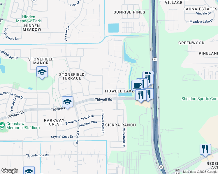 map of restaurants, bars, coffee shops, grocery stores, and more near 8922 Highland Lodge Lane in Houston