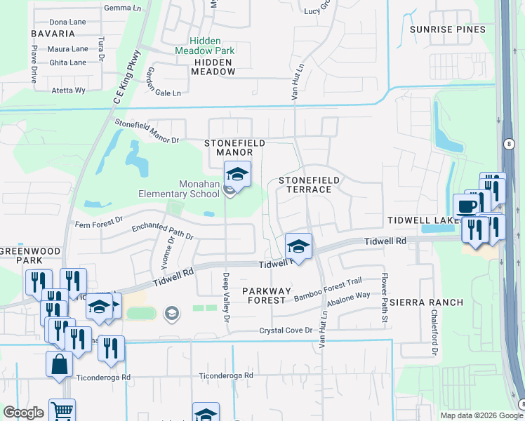 map of restaurants, bars, coffee shops, grocery stores, and more near 9027 Melody Park Lane in Houston