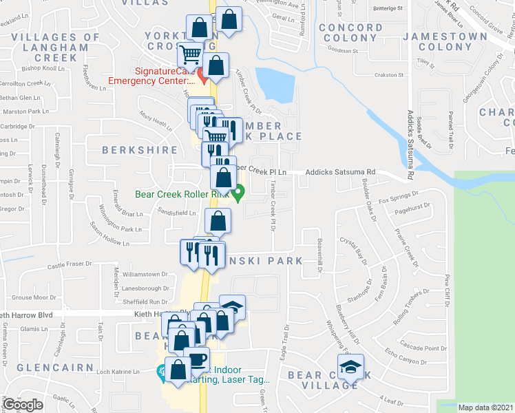 map of restaurants, bars, coffee shops, grocery stores, and more near 8 Timber Creek Place Drive in Houston