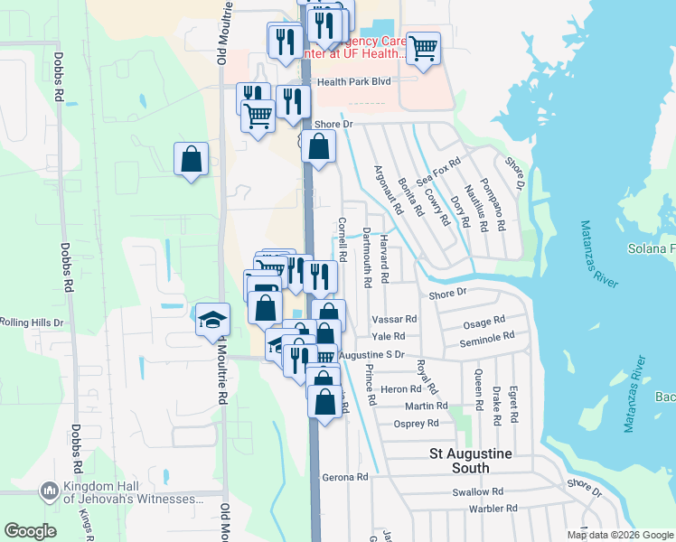 map of restaurants, bars, coffee shops, grocery stores, and more near 249 Cornell Road in St. Augustine