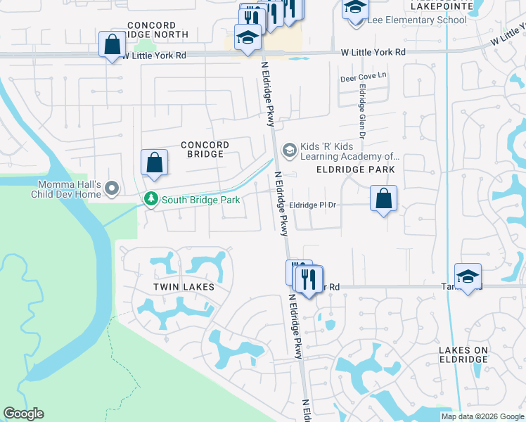 map of restaurants, bars, coffee shops, grocery stores, and more near 5727 Malcomboro Drive in Houston