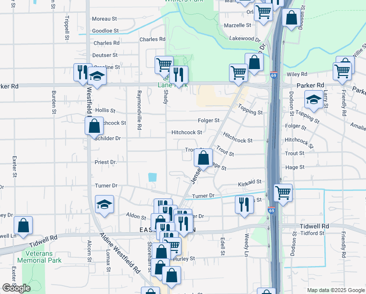 map of restaurants, bars, coffee shops, grocery stores, and more near in Houston