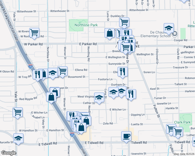 map of restaurants, bars, coffee shops, grocery stores, and more near 702 Fostoria Lane in Houston