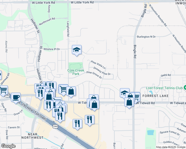 map of restaurants, bars, coffee shops, grocery stores, and more near 7035 Pine Grove Drive in Houston