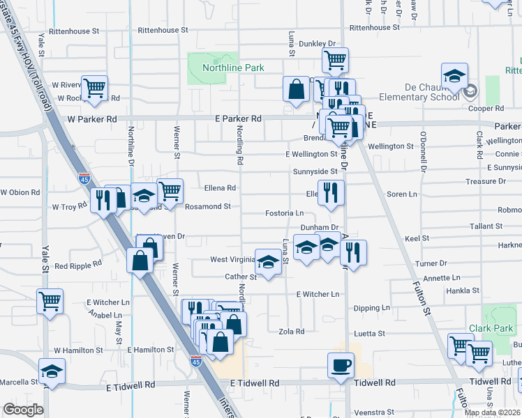 map of restaurants, bars, coffee shops, grocery stores, and more near 702 Fostoria Lane in Houston