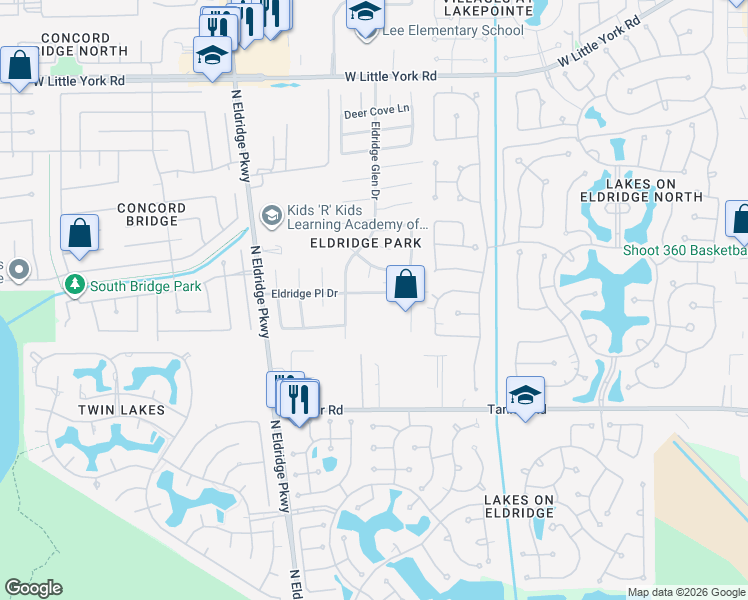 map of restaurants, bars, coffee shops, grocery stores, and more near 12907 Eldridge Place Drive in Houston
