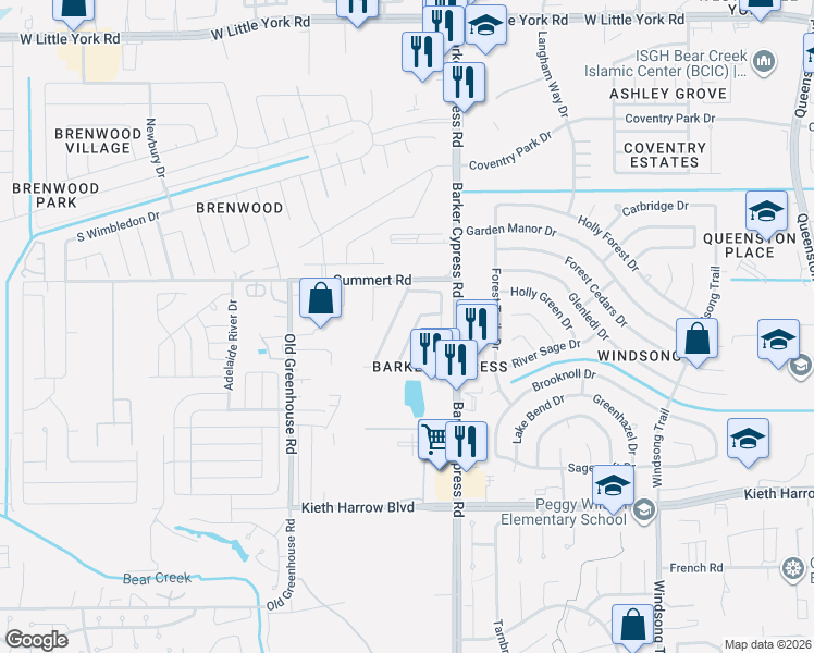 map of restaurants, bars, coffee shops, grocery stores, and more near 5606 Darby Square Trail in Houston