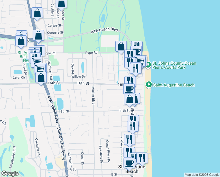 map of restaurants, bars, coffee shops, grocery stores, and more near 125 15th Street in St. Augustine