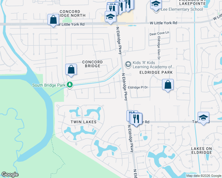map of restaurants, bars, coffee shops, grocery stores, and more near 5727 Malcomboro Drive in Houston