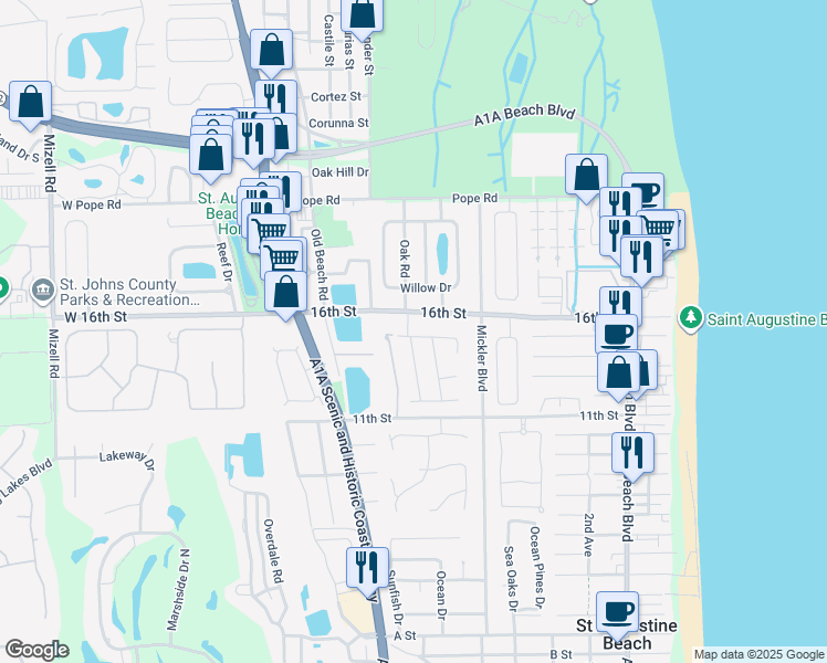 map of restaurants, bars, coffee shops, grocery stores, and more near 27 White Court in St. Augustine Beach
