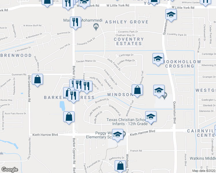 map of restaurants, bars, coffee shops, grocery stores, and more near 18083 Glenledi Drive in Houston