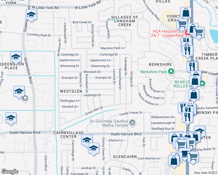 map of restaurants, bars, coffee shops, grocery stores, and more near 16827 Clan Macgregor Drive in Houston