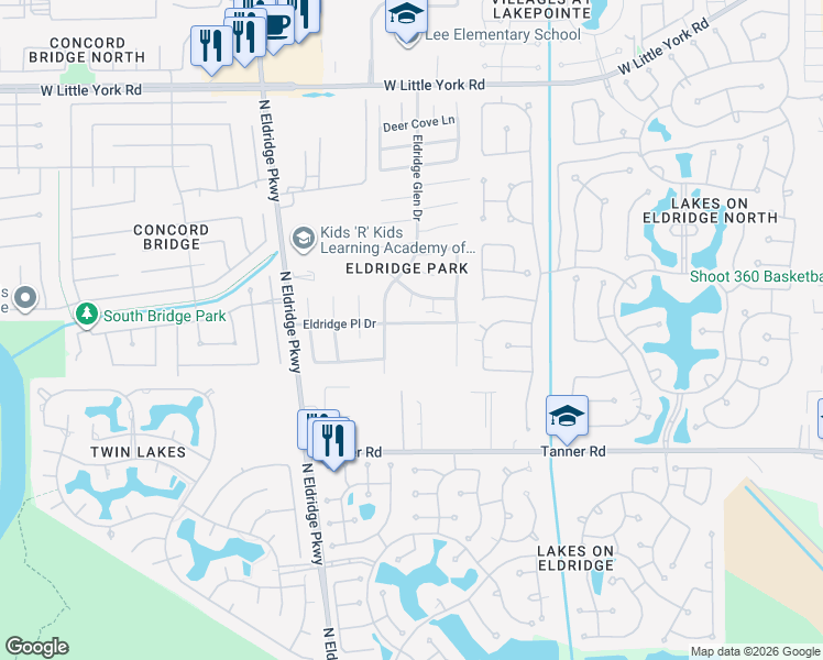 map of restaurants, bars, coffee shops, grocery stores, and more near 12907 Eldridge Place Drive in Houston